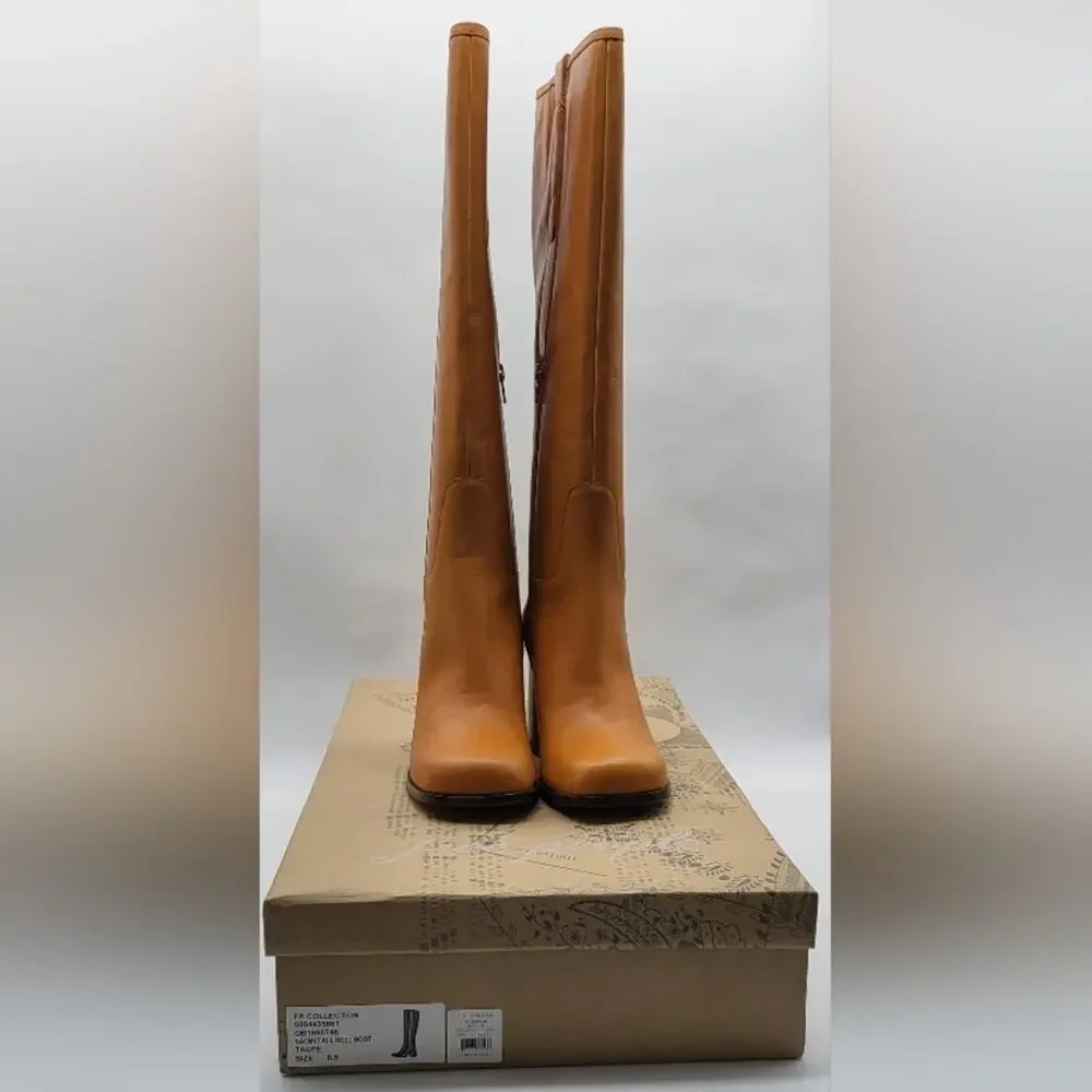 Free People Naomi Tall Heel Boots Taupe Leather Size 8.5 Knee High Block Heel